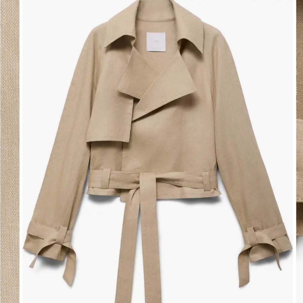 MANGO x VICTORIA BECKHAM 100% Linen Beige Tie-Waist Cropped Trench Jacket M - Picture 3 of 16